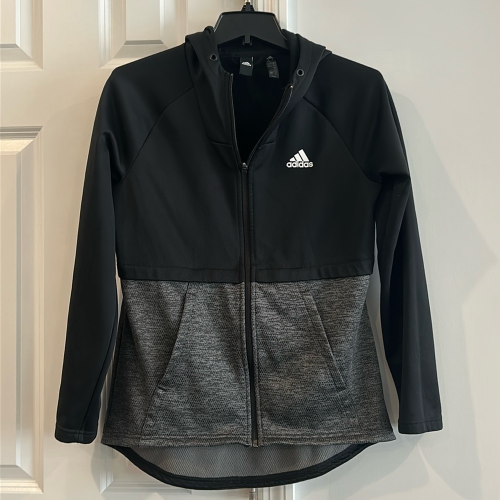 Adidas Women Activewear Hoodie Black Gray Colorblock Full Zip